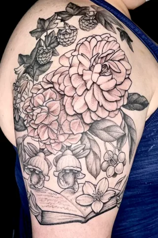 Dotwork peony bouquet tattoo with berries and botanical details