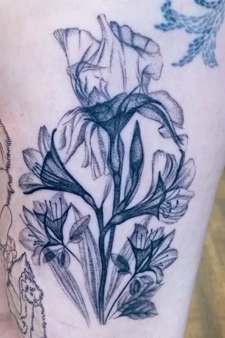 X-ray floral bouquet tattoo with botanical and anatomical elements
