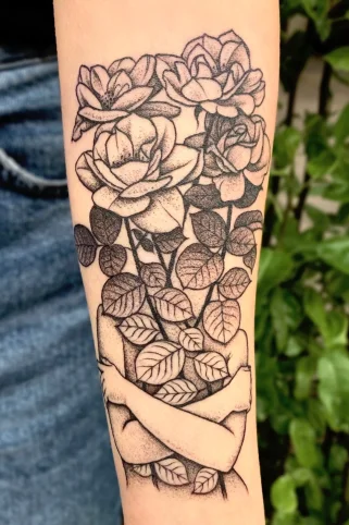 Dotwork flower head with roses tattoo design