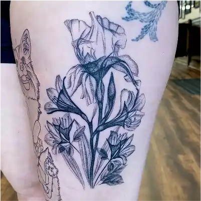 Healed dotwork floral x-ray flower tattoo with intricate botanical details