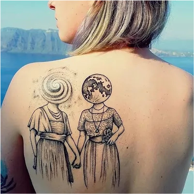 Healed dotwork space girls tattoo with cosmic elements